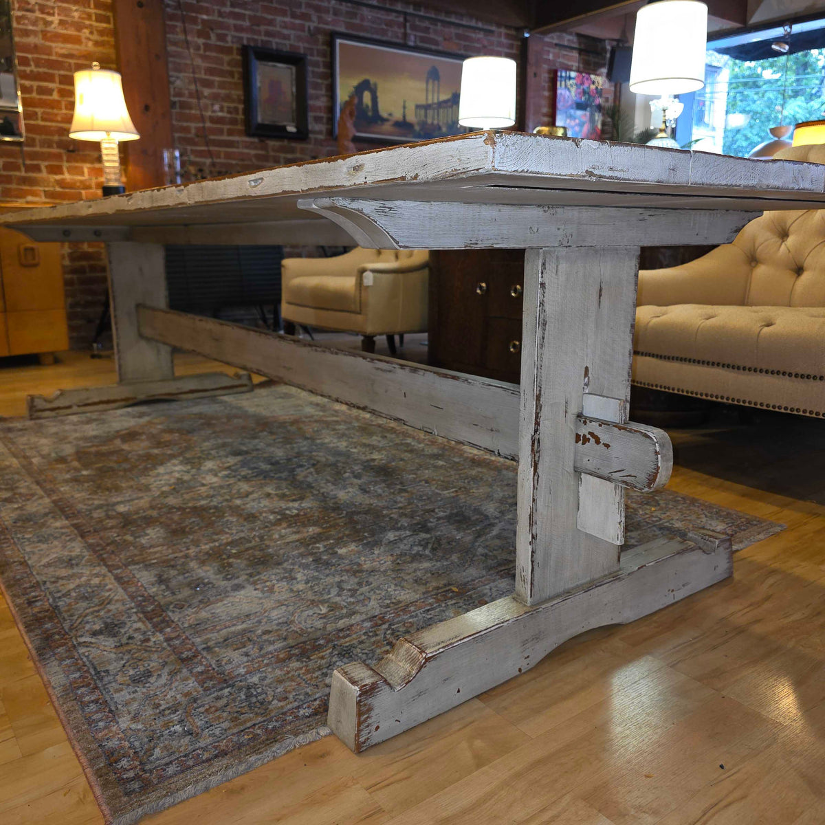 White Wash Rustic Farmhouse Style Trestle Dining Table