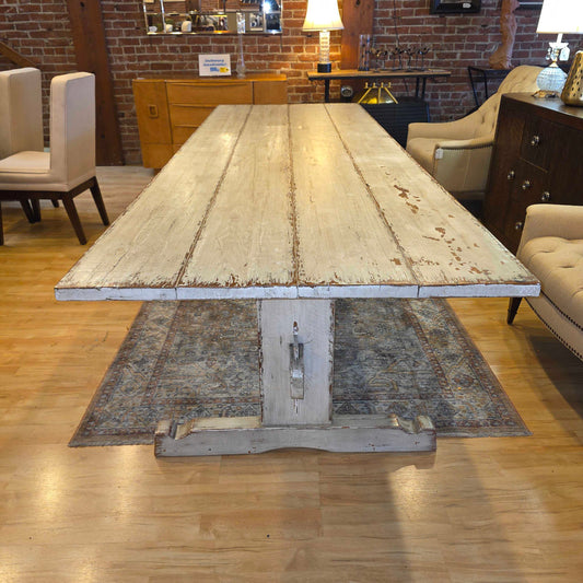 White Wash Rustic Farmhouse Style Trestle Dining Table