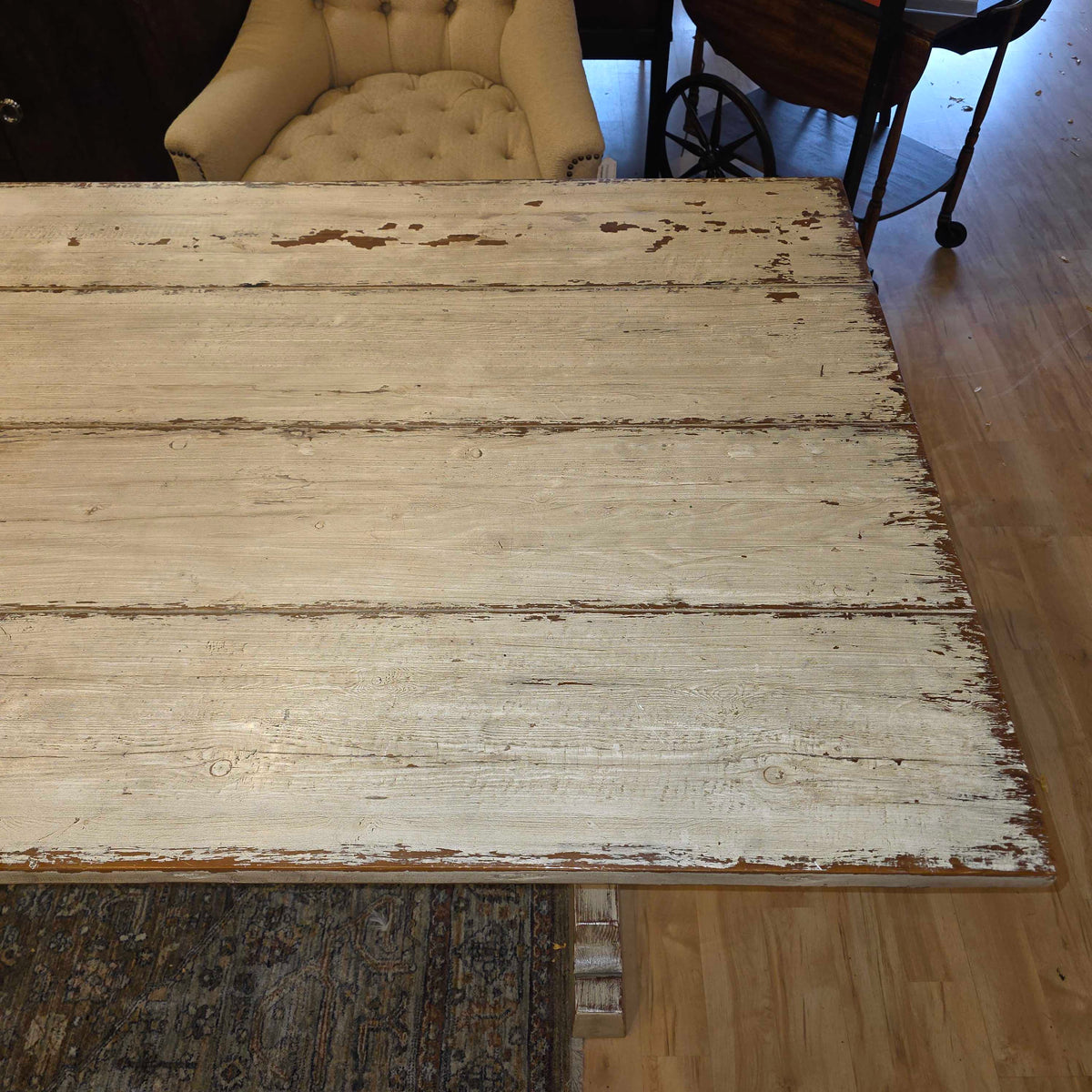 White Wash Rustic Farmhouse Style Trestle Dining Table