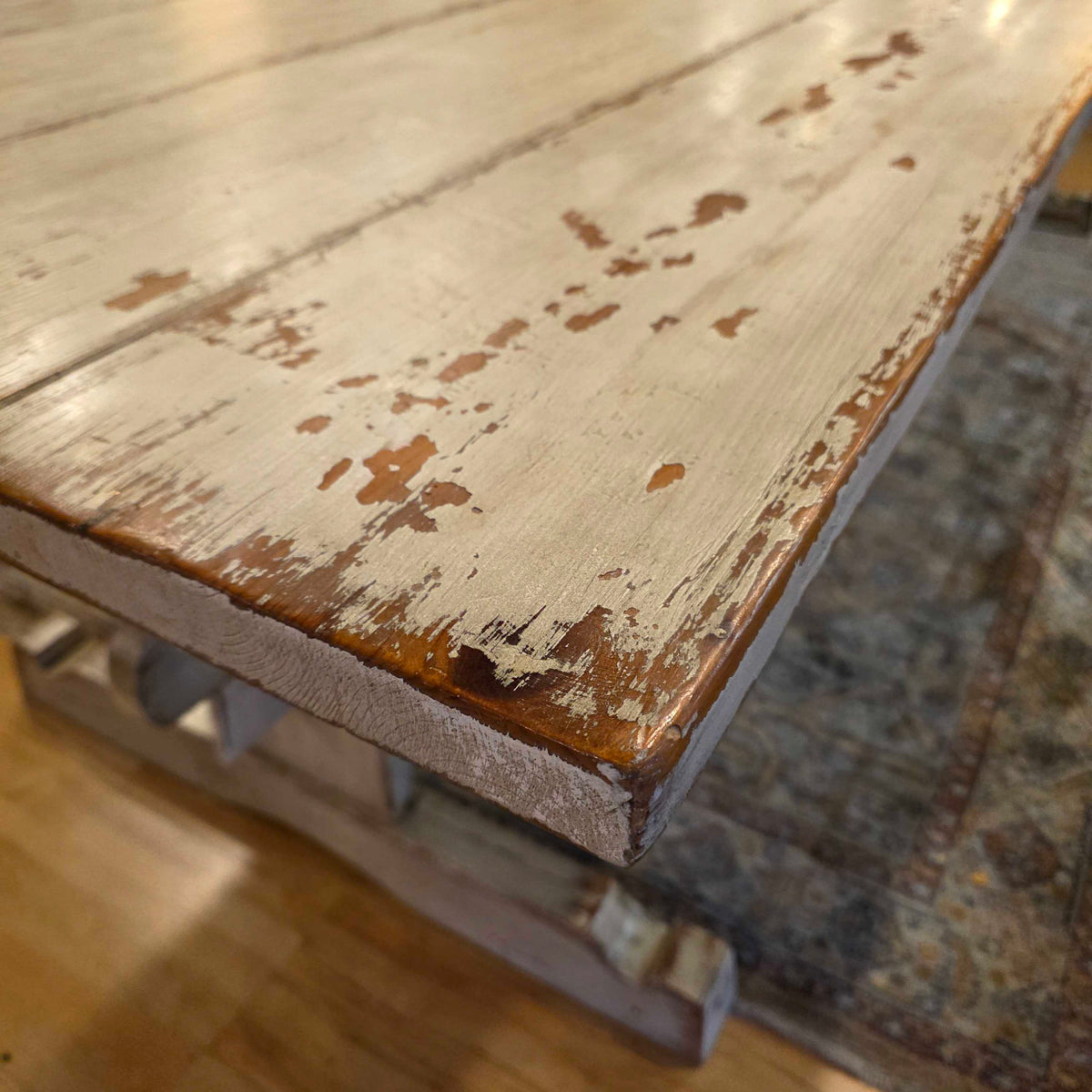 White Wash Rustic Farmhouse Style Trestle Dining Table