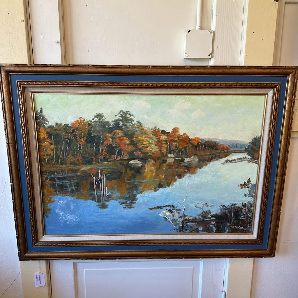Original Fall Scene Painting Blue and Gold Frame