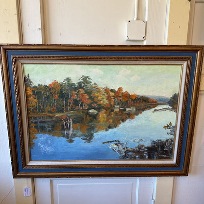 Original Fall Scene Painting Blue and Gold Frame