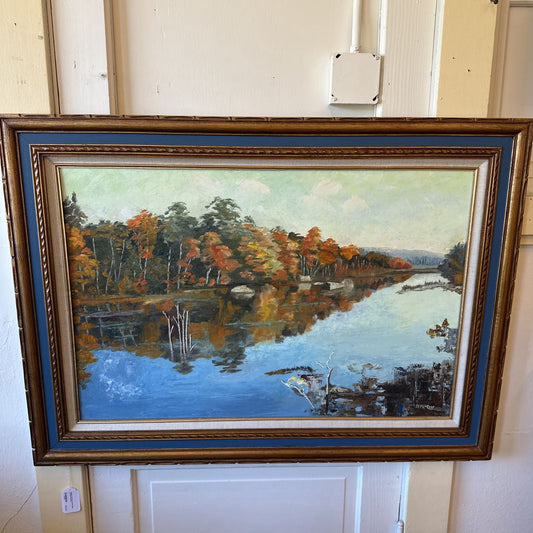 Original Fall Scene Painting Blue and Gold Frame