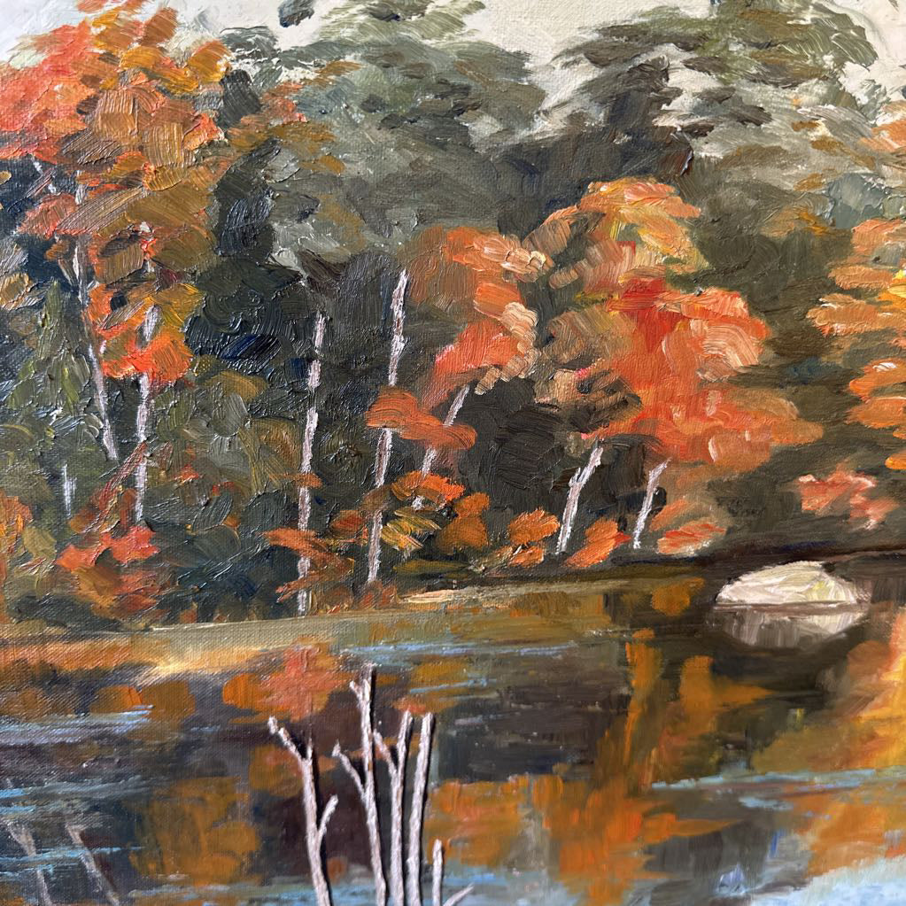 Original Fall Scene Painting Blue and Gold Frame