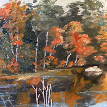 Original Fall Scene Painting Blue and Gold Frame