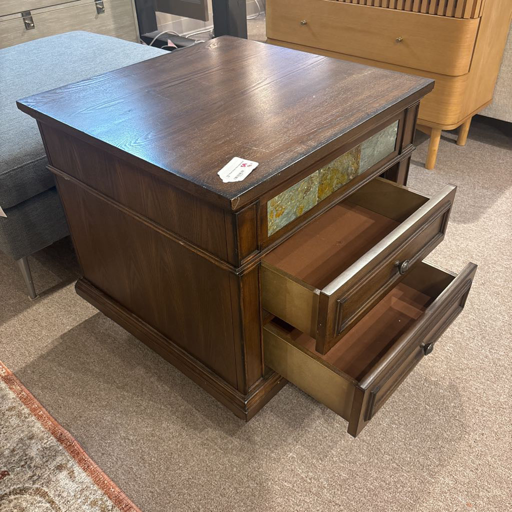 Dark Wood Stone Inlay Nightstand