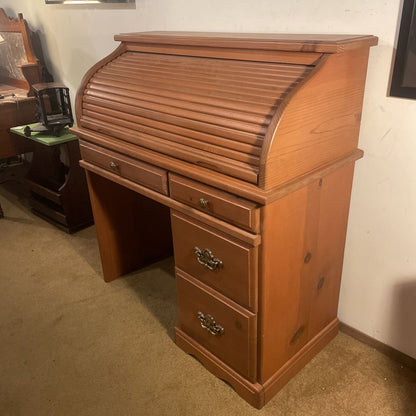 Pine Roll Top 4 Drawer Desk