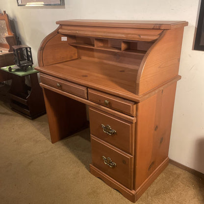Pine Roll Top 4 Drawer Desk