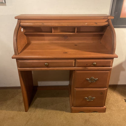 Pine Roll Top 4 Drawer Desk