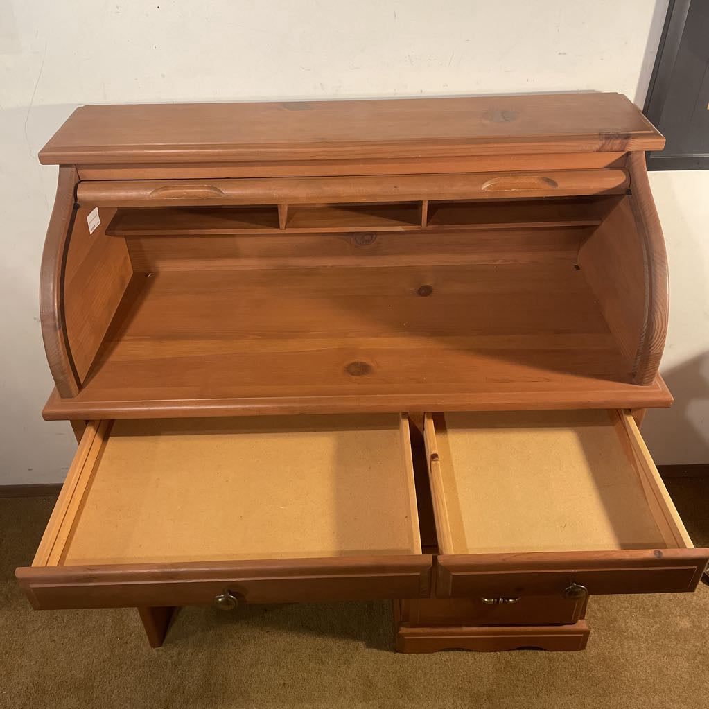 Pine Roll Top 4 Drawer Desk