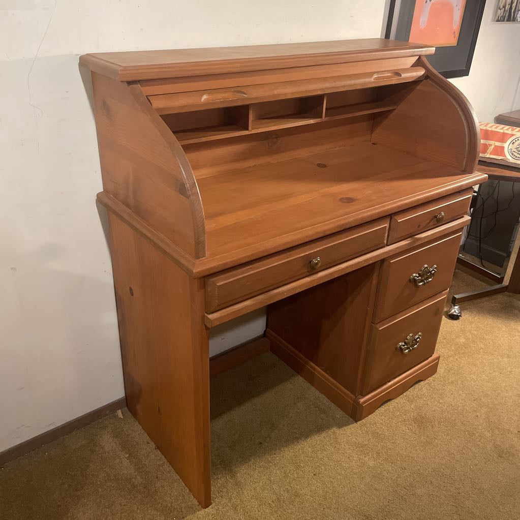 Pine Roll Top 4 Drawer Desk