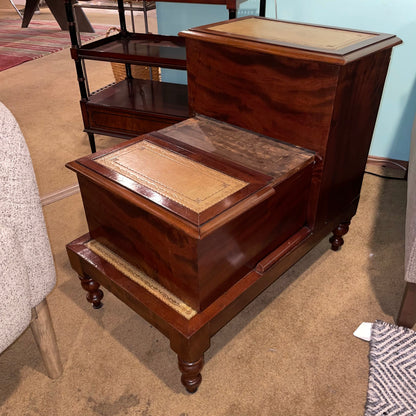 Antique Mahogany Leather Top Step Up Accent Table w Hidden Drawer