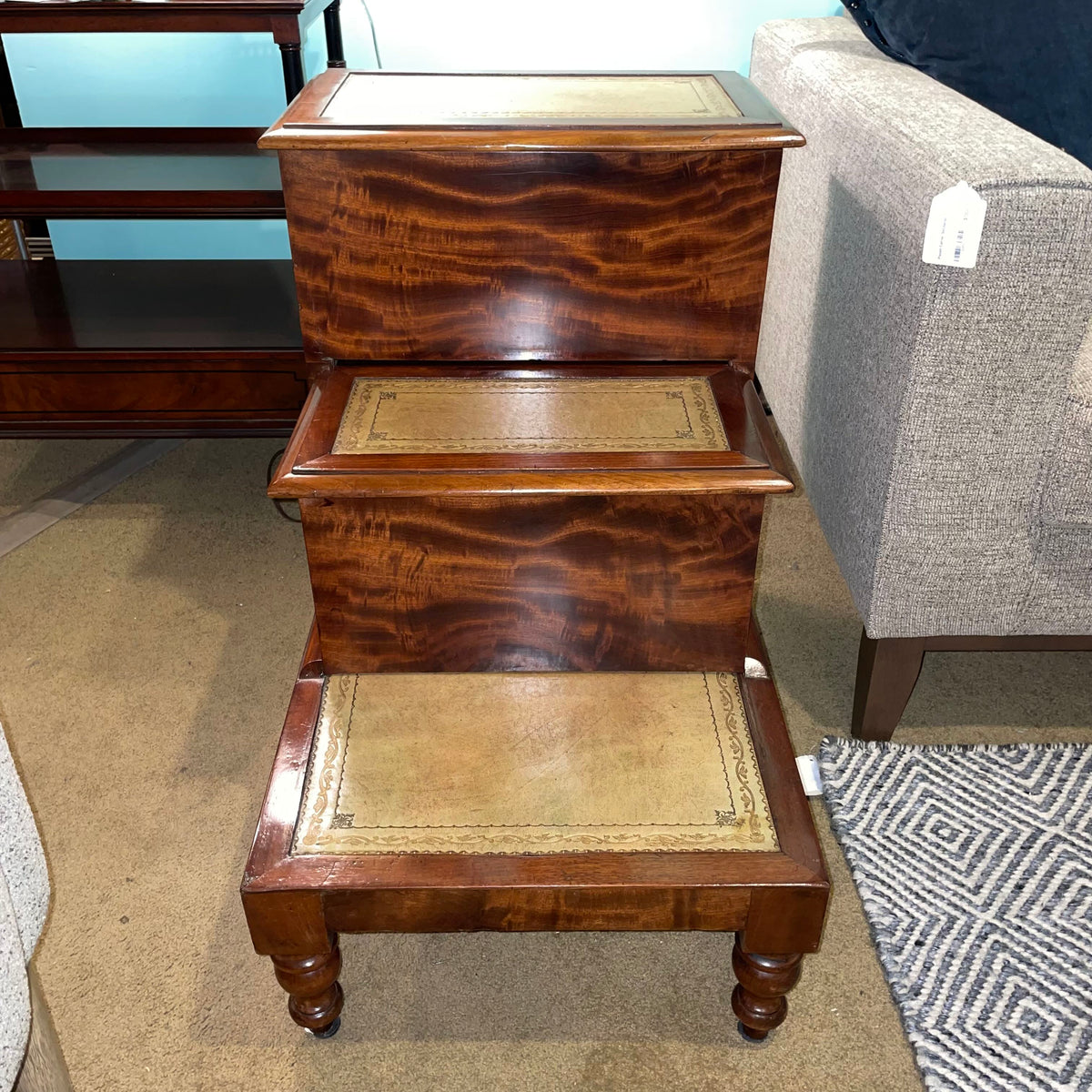 Antique Mahogany Leather Top Step Up Accent Table w Hidden Drawer