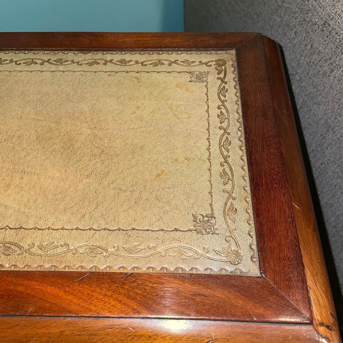 Antique Mahogany Leather Top Step Up Accent Table w Hidden Drawer