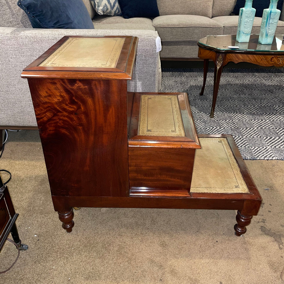 Antique Mahogany Leather Top Step Up Accent Table w Hidden Drawer
