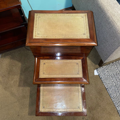 Antique Mahogany Leather Top Step Up Accent Table w Hidden Drawer
