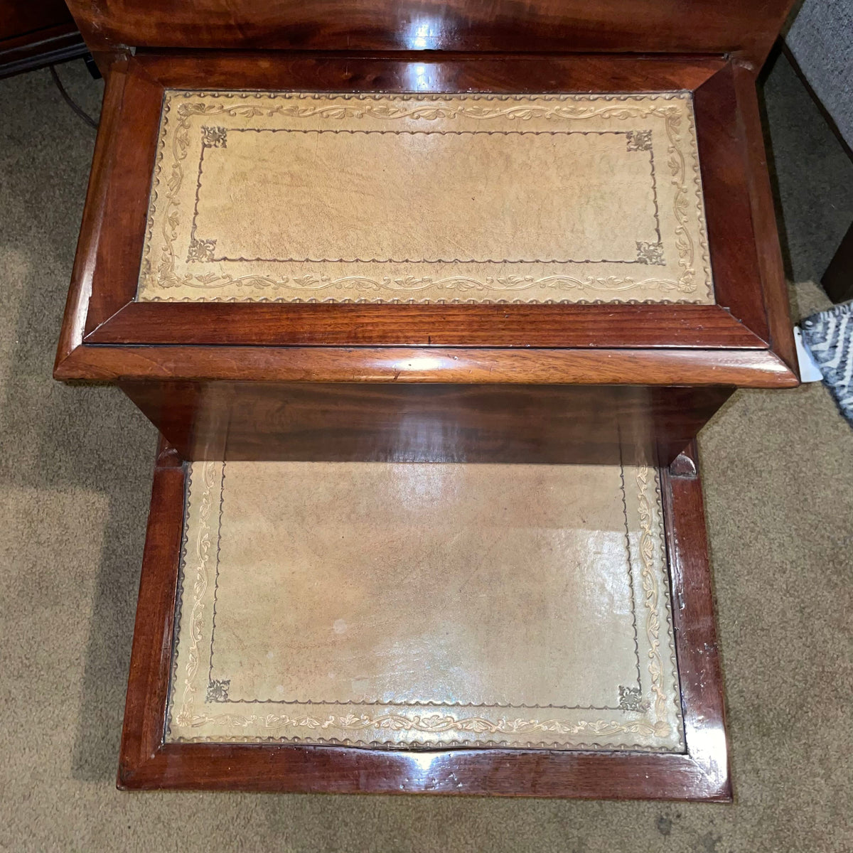 Antique Mahogany Leather Top Step Up Accent Table w Hidden Drawer
