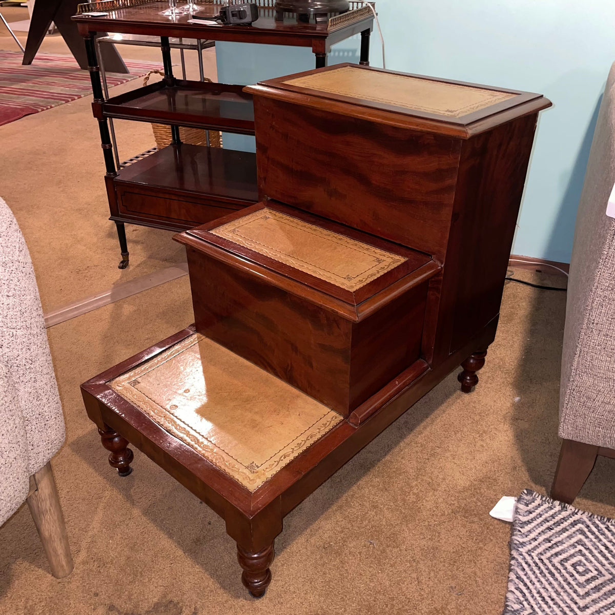 Antique Mahogany Leather Top Step Up Accent Table w Hidden Drawer