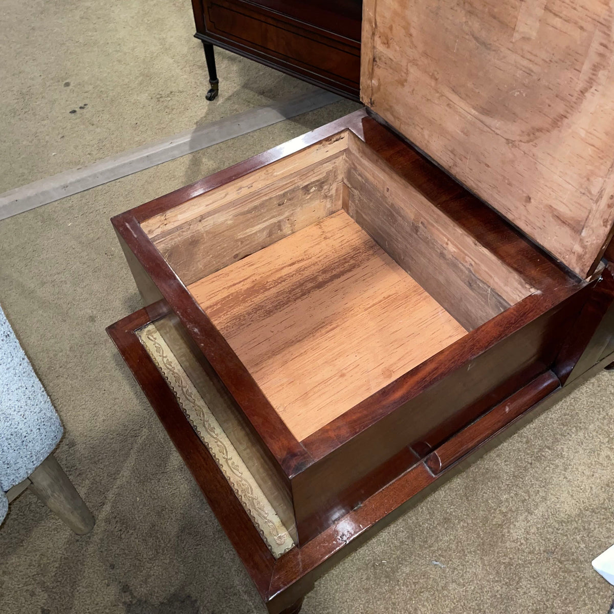 Antique Mahogany Leather Top Step Up Accent Table w Hidden Drawer