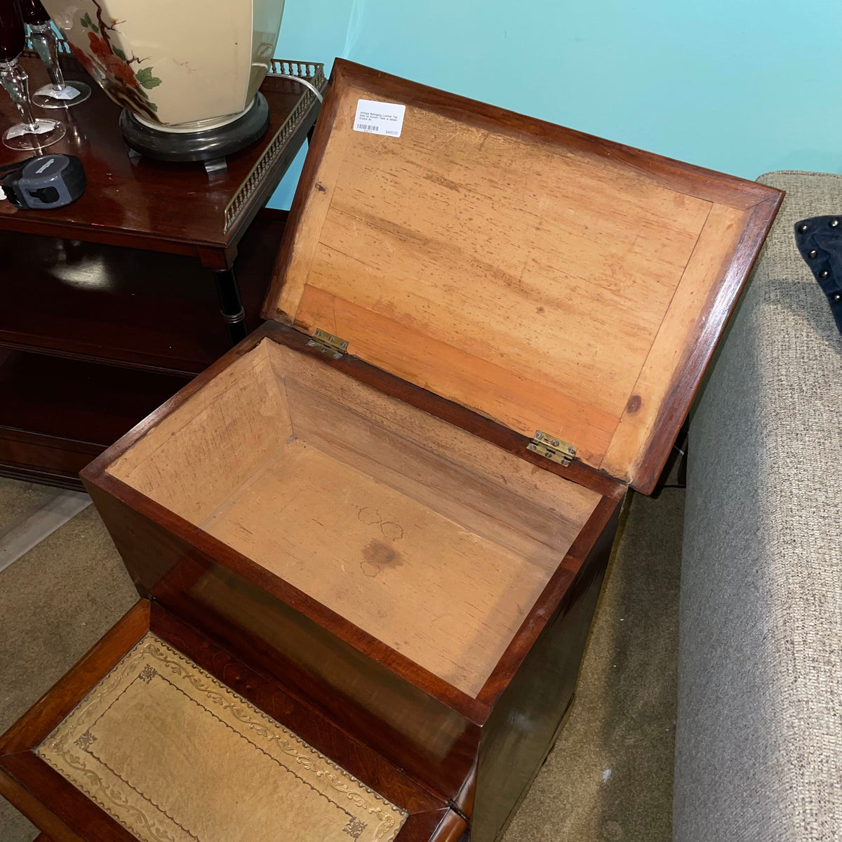 Antique Mahogany Leather Top Step Up Accent Table w Hidden Drawer