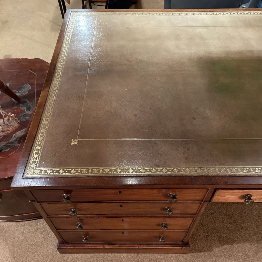 Antique Leather Top English Partners Desk w Cane Back Office Chair Set