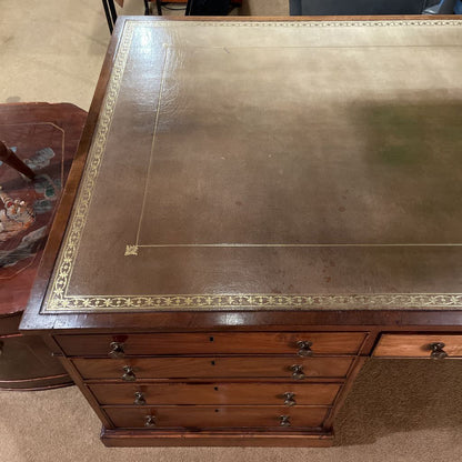 Antique Leather Top English Partners Desk w Cane Back Office Chair Set