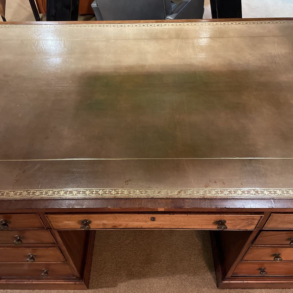 Antique Leather Top English Partners Desk w Cane Back Office Chair Set