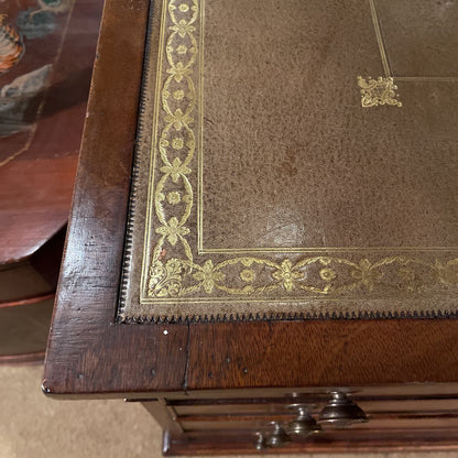 Antique Leather Top English Partners Desk w Cane Back Office Chair Set