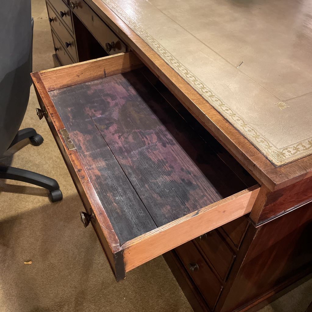 Antique Leather Top English Partners Desk w Cane Back Office Chair Set
