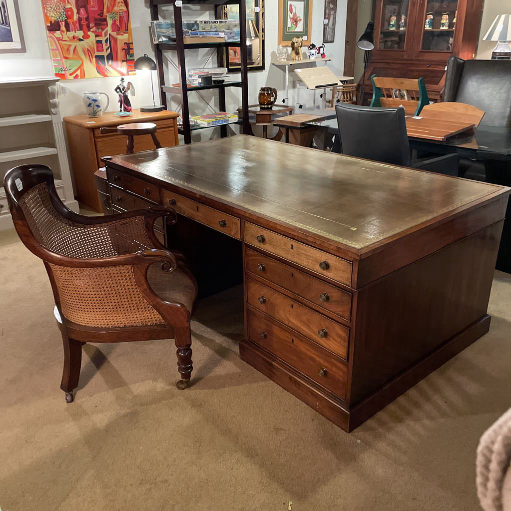 Antique Leather Top English Partners Desk w Cane Back Office Chair Set