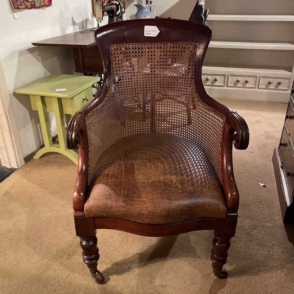 Antique Leather Top English Partners Desk w Cane Back Office Chair Set