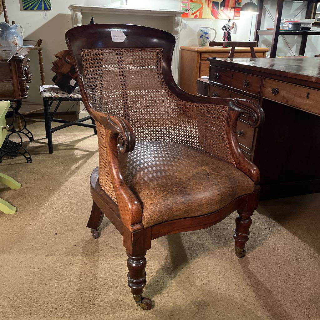 Antique Leather Top English Partners Desk w Cane Back Office Chair Set