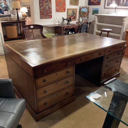 Antique Leather Top English Partners Desk w Cane Back Office Chair Set