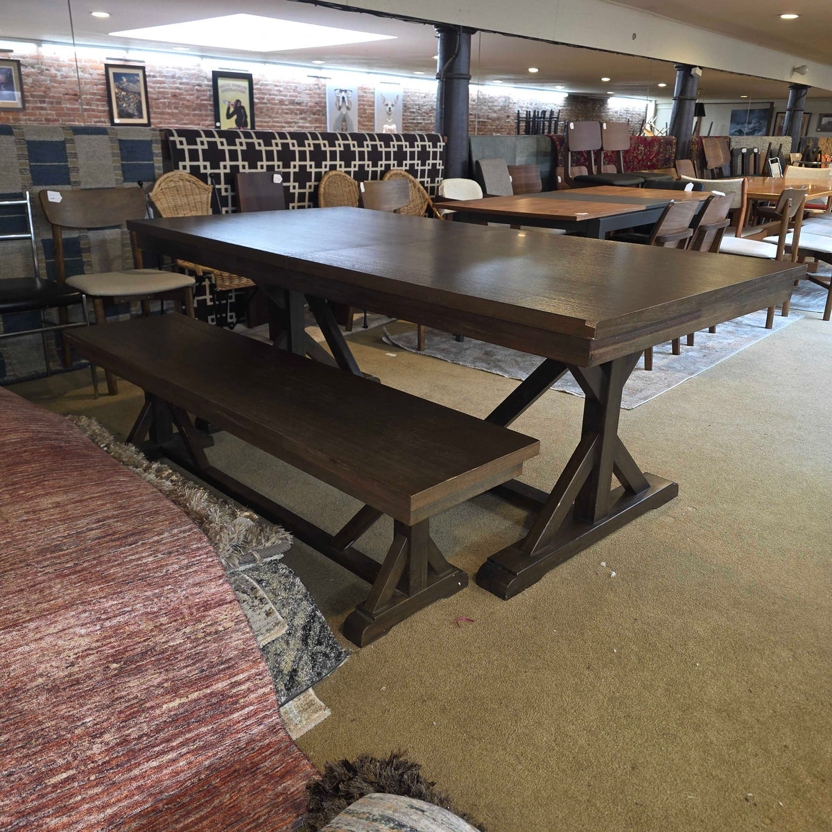 Dark Wood Trestle Expanding Dining Table w/ Bench C DINING TABLES