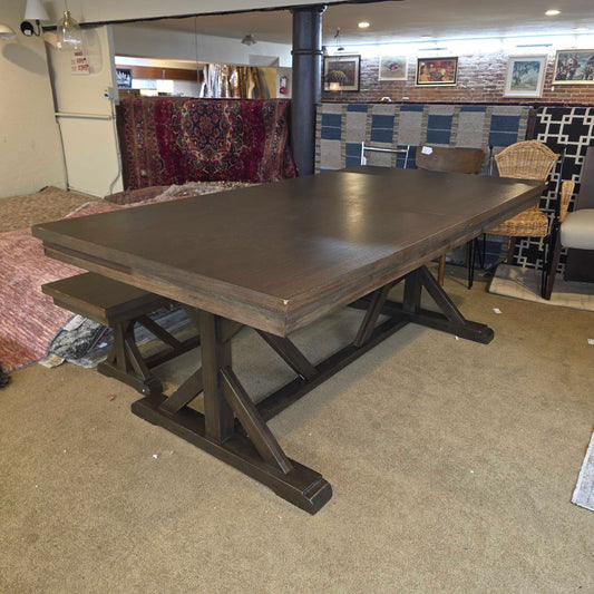 Dark Wood Trestle Expanding Dining Table w/ Bench