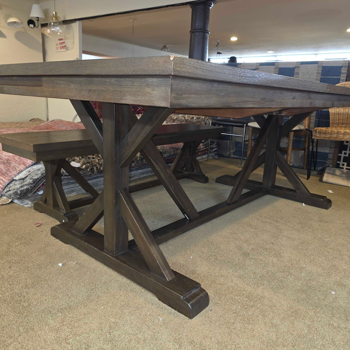 Dark Wood Trestle Expanding Dining Table w/ Bench C DINING TABLES