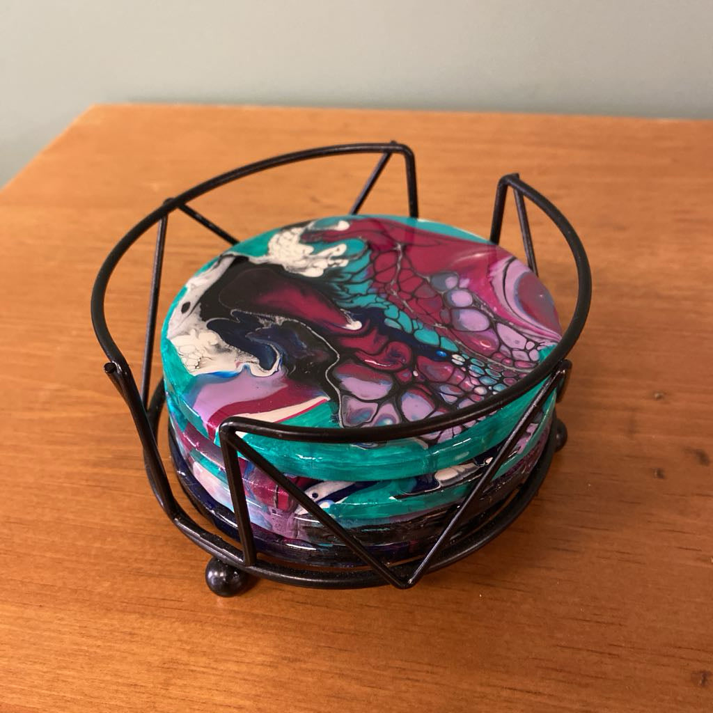 Swirly Teal & Purple Paint Coaster Set