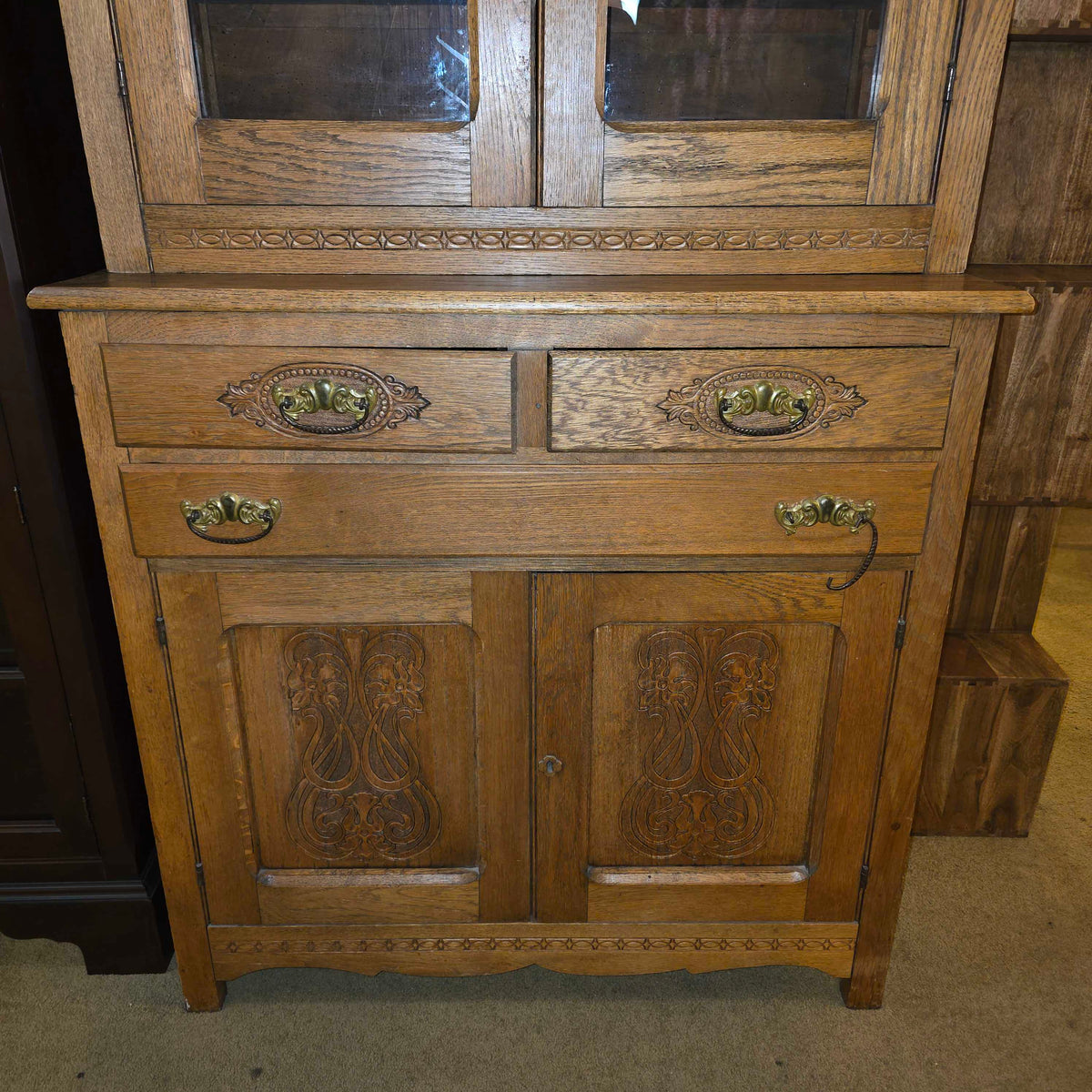 Antique Oak Carved Detail Hutch *No Key*
