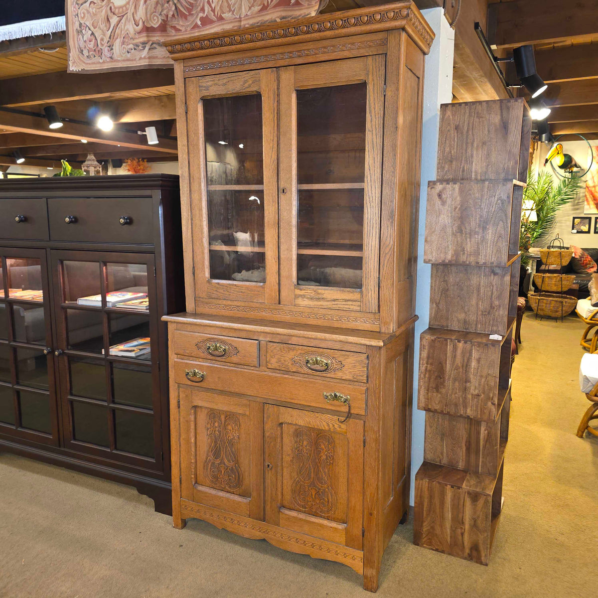 Antique Oak Carved Detail Hutch *No Key*