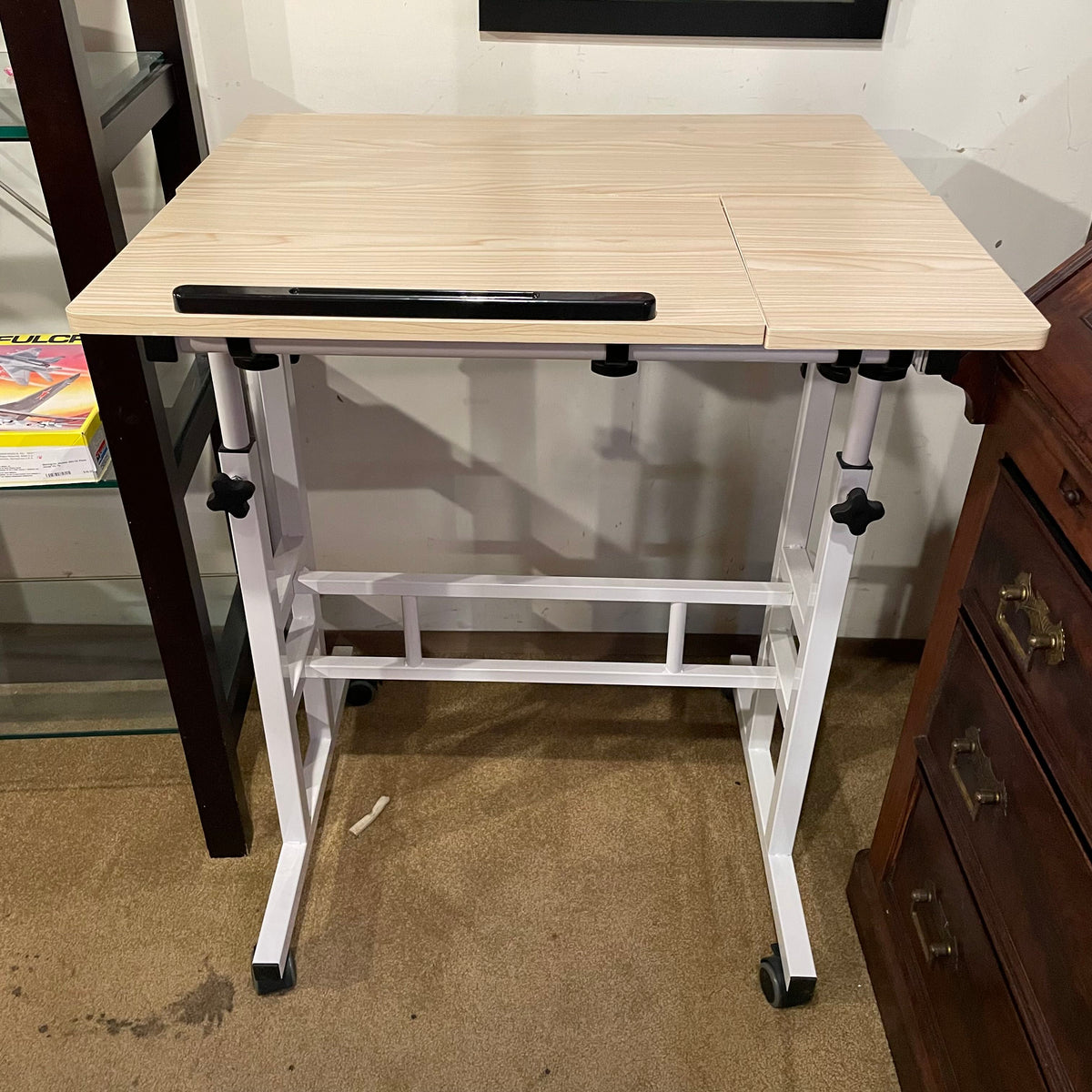 Narrow White Metal Adjust. Desk