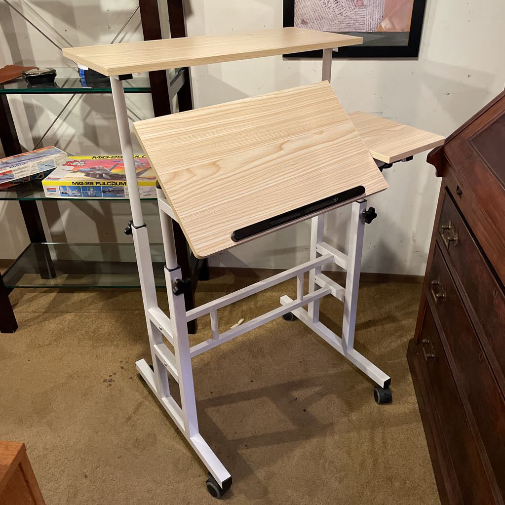 Narrow White Metal Adjust. Desk