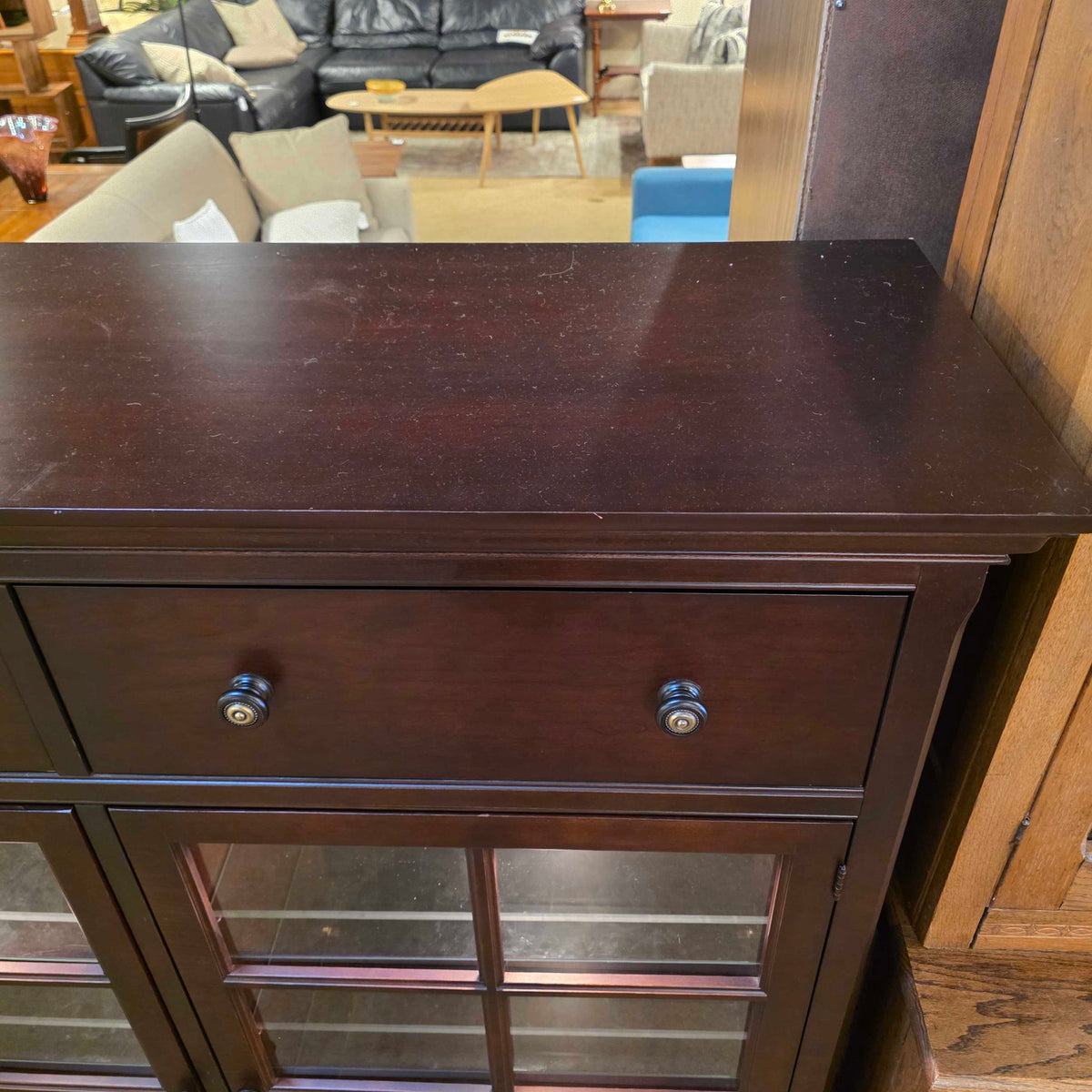 Dark Wood Paned Glass 2 Door/2 Drawer Hutch