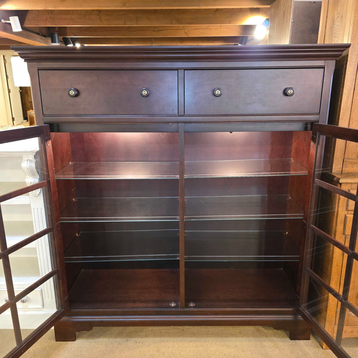 Dark Wood Paned Glass 2 Door/2 Drawer Hutch