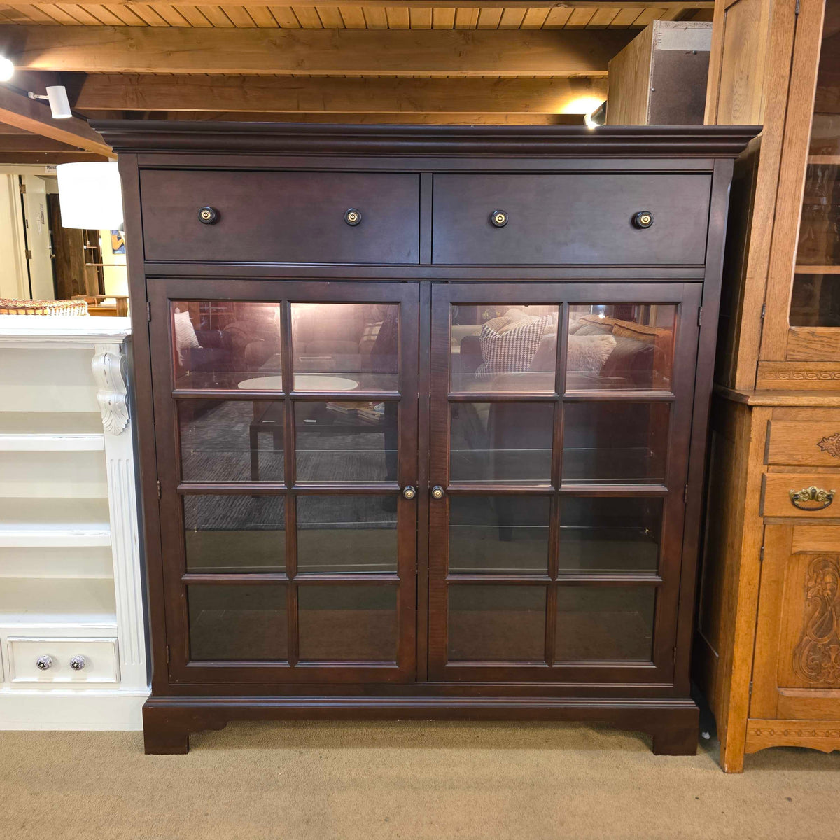 Dark Wood Paned Glass 2 Door/2 Drawer Hutch