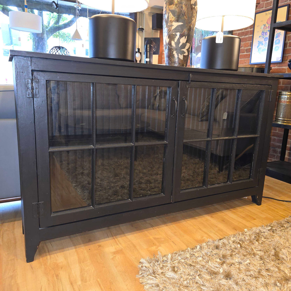 Black Wood Glass Door Cabinet Sideboard