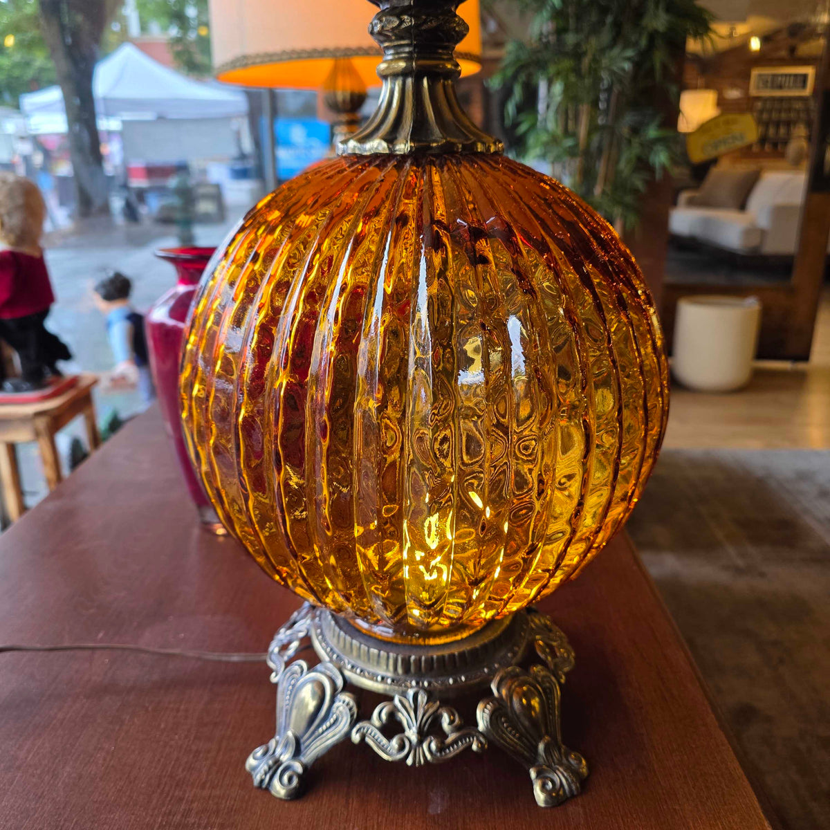 70's Amber Ball Base Lamp w/ Original Shade