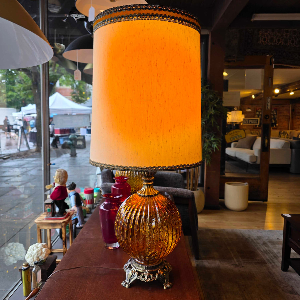 70's Amber Ball Base Lamp w/ Original Shade