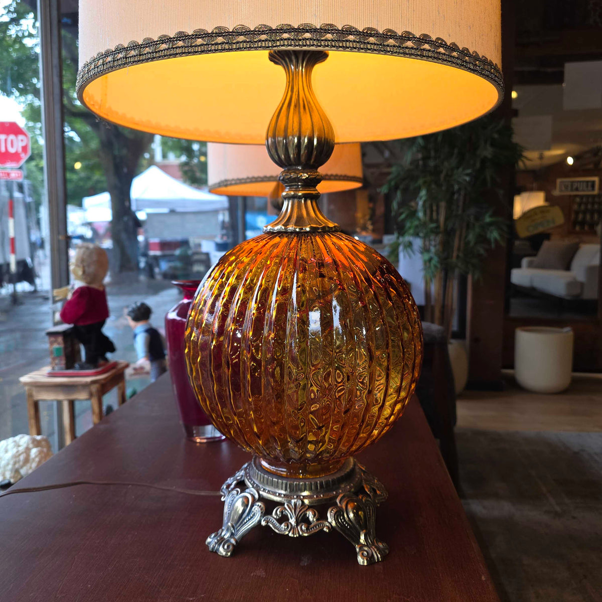 70's Amber Ball Base Lamp w/ Original Shade