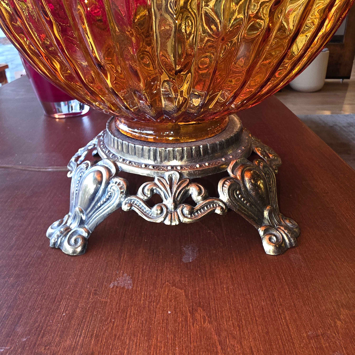 70's Amber Ball Base Lamp w/ Original Shade