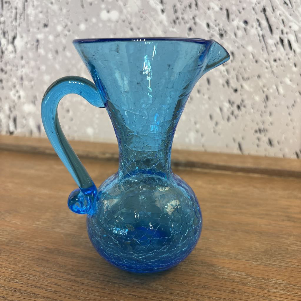 Vintage Blue Crackle Small Glass Pitcher